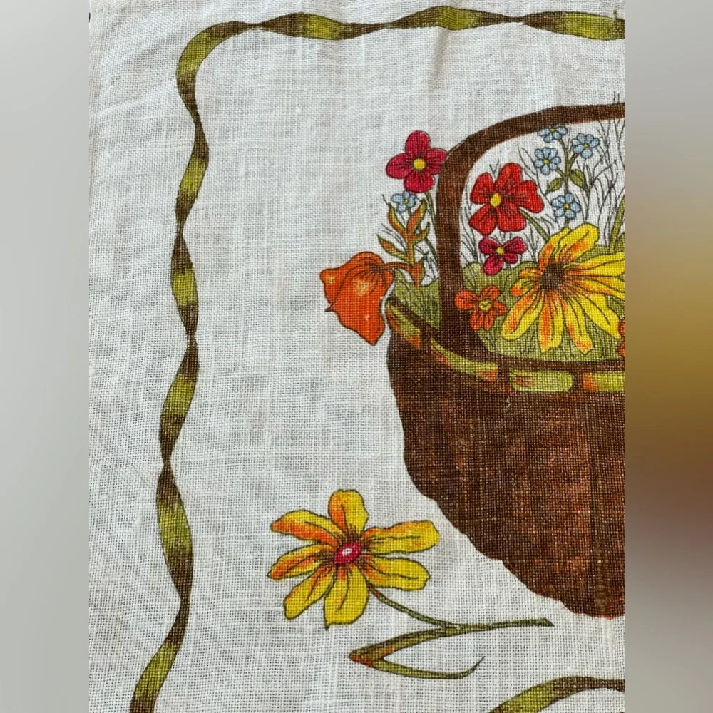 Vtg all pure‎ linen 1982 calendar tea towel wall hanging-kitchen-flower basket